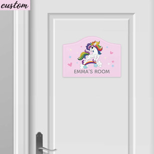 Cute Pink Rainbow Unicorn Magical Kids Name Door Sign