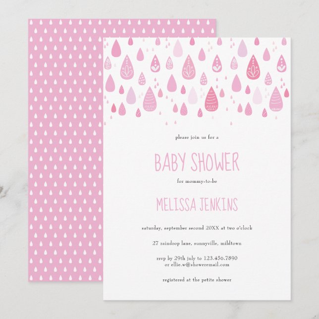 Cute Pink Raindrops Baby Shower / Sprinkle Invitation (Front/Back)