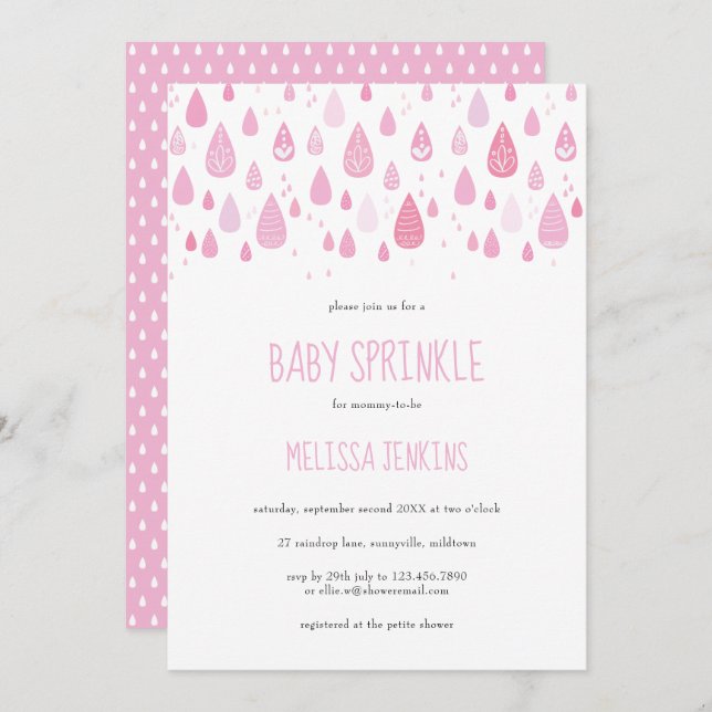 Cute Pink Raindrops Baby Sprinkle / Shower Invitation (Front/Back)