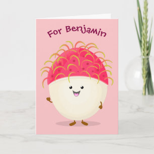 Cute pink rambutan cartoon illustration card