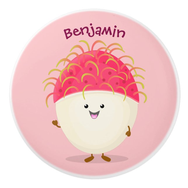 Cute pink rambutan cartoon illustration ceramic knob (Front)