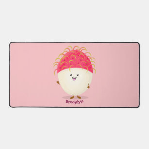 Cute pink rambutan cartoon illustration desk mat