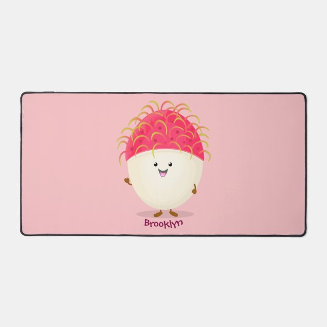 Cute pink rambutan cartoon illustration desk mat (Front)