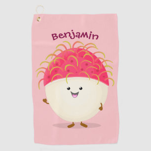Cute pink rambutan cartoon illustration golf towel