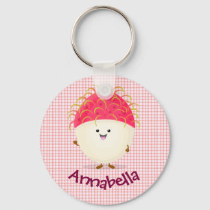 Cute pink rambutan cartoon illustration key ring