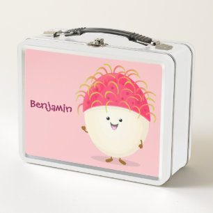 Cute pink rambutan cartoon illustration metal lunch box
