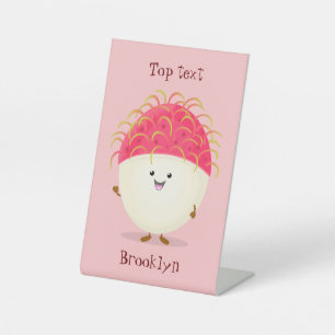 Cute pink rambutan cartoon illustration pedestal sign