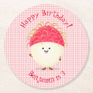 Cute pink rambutan cartoon illustration round paper coaster