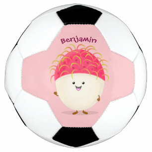 Cute pink rambutan cartoon illustration soccer ball