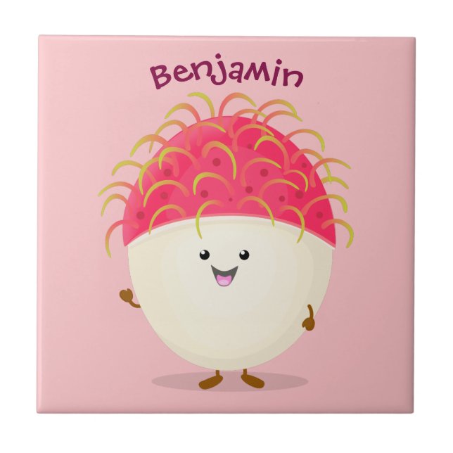 Cute pink rambutan cartoon illustration tile (Front)