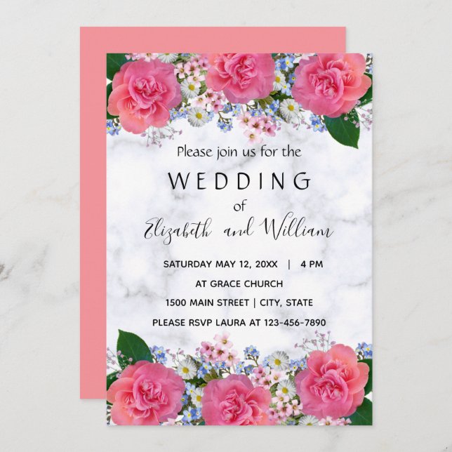Cute Pink Real Flowers Wedding  Invitation (Front/Back)