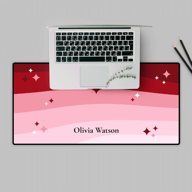 Cute Pink & Red Abstract Pattern Stars Trendy Name Desk Mat (Trendy groovy pink and red desk mat with custom name or text)