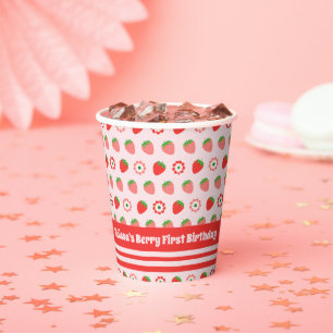 Cute Pink Red Berry First Birthday Paper Cups