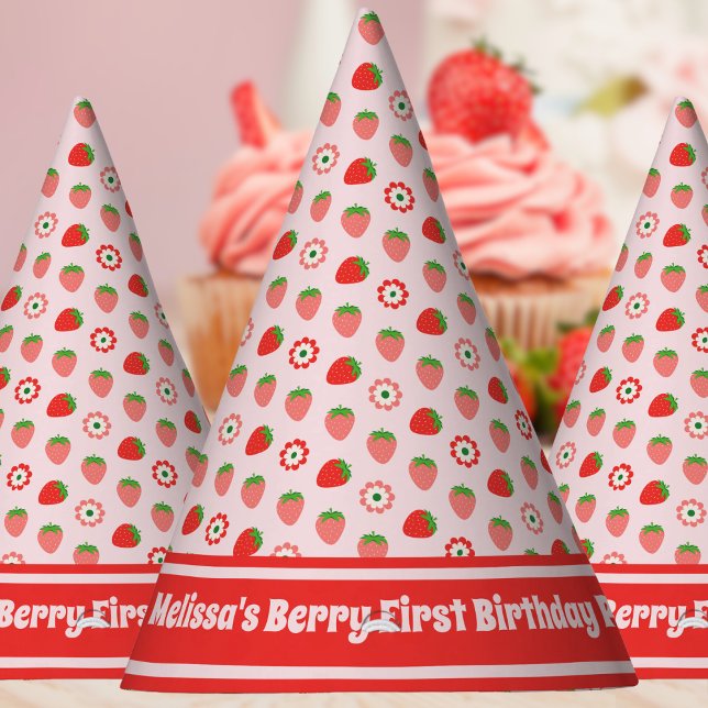 Cute Pink Red Berry First Birthday  Party Hat (Creator Uploaded)
