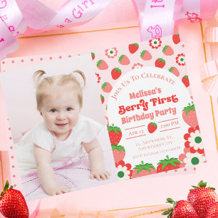 Cute Pink Red Berry First Birthday Photo Invitation