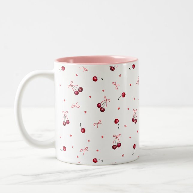 Cute Pink Red Bows Cherries Hearts  Two-Tone Coffee Mug (Left)
