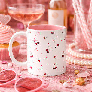 Cute Pink Red Bows Cherries Hearts Two-Tone Coffee Mug