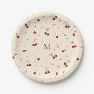Cute Pink Red Bows Cherries Hearts with Monogram Paper Plate