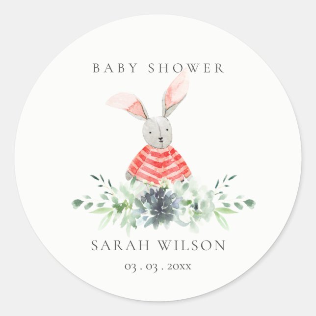 Cute Pink Red Bunny Garden Foliage Baby Shower Classic Round Sticker (Front)