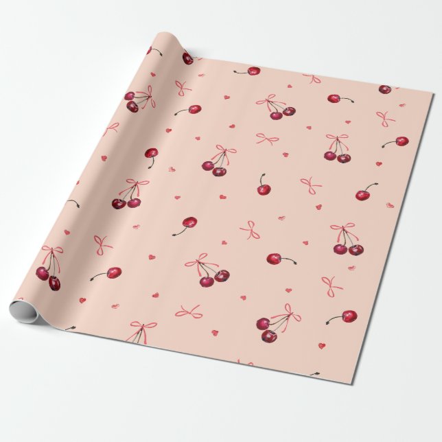Cute Pink Red Cherries Hearts Bows Soft Orange Wrapping Paper (Unrolled)