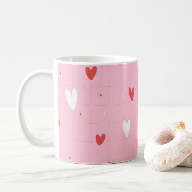 Cute Pink & Red Hearts Pattern Romantic Coffee Mug (With Donut)