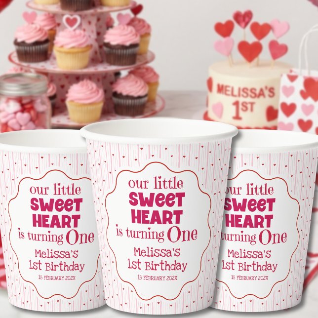Cute Pink Red Little Sweetheart One Birthday Party Paper Cups (Creator Uploaded)