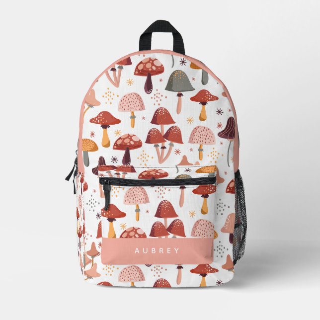 Cute Pink & Red Mushroom Pattern Printed Backpack (Front)
