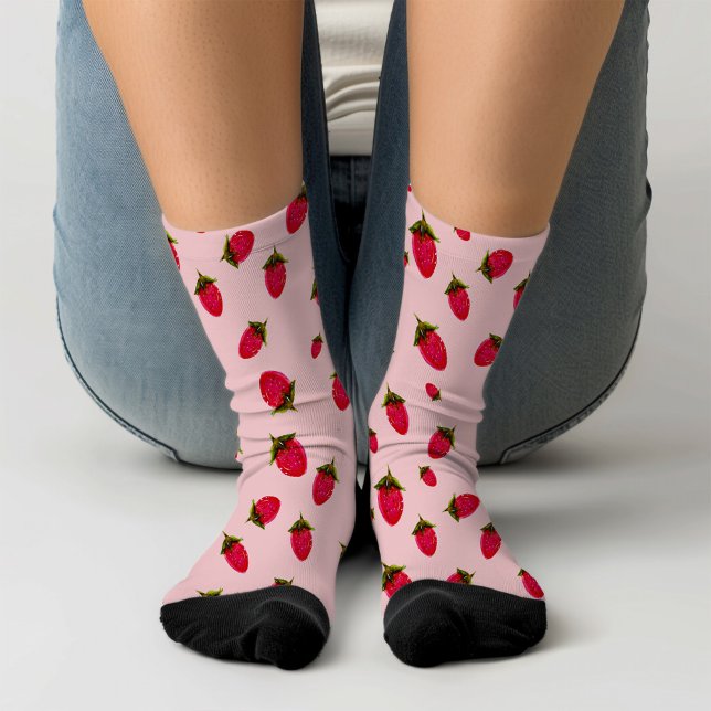 Cute Pink Red Retro Strawberry Add Initial Novelty Socks (Creator Uploaded)