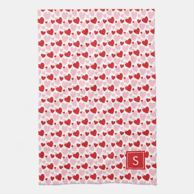 Cute Pink Red Speckled Heart Pattern Personalised Tea Towel (Vertical)