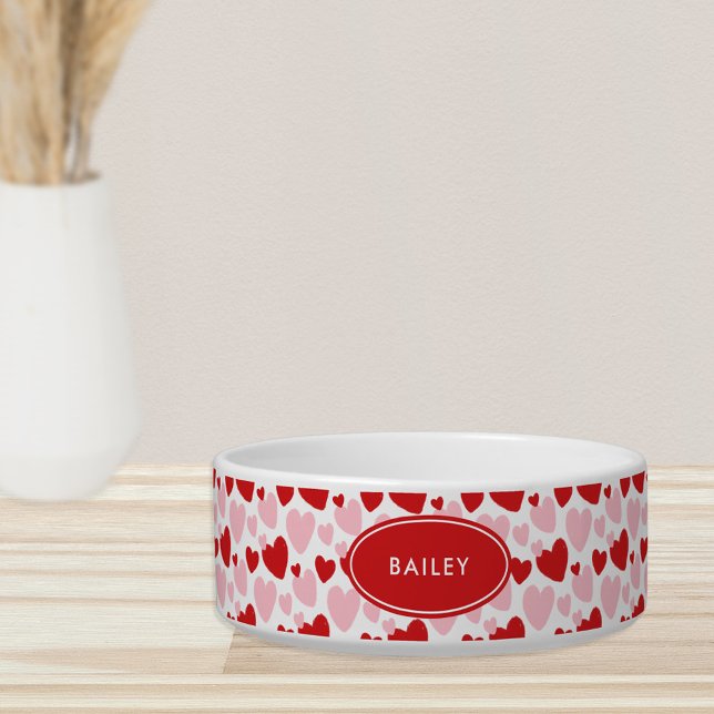 Cute Pink Red Speckled Heart Personalised Pet Bowl (Creator Uploaded)