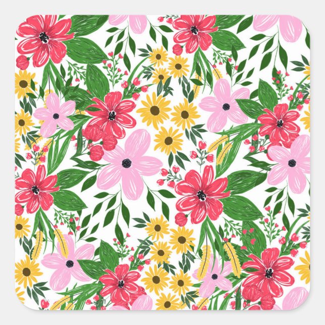 Cute Pink Red Spring Floral Hand Paint Design Square Sticker (Front)