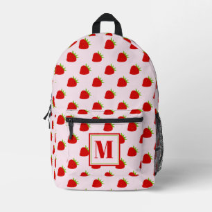 Cute Pink & Red Strawberries Monogrammed Kids Printed Backpack