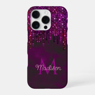 Cute Pink Red Unicorn faux Glitter Drips monogram iPhone 16 Pro Case