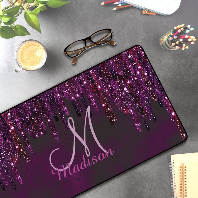 Cute Pink Red Unicorn Glitter Drips monogram Desk Mat (Creator Uploaded)