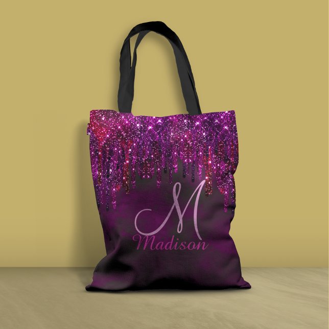 Cute Pink Red Unicorn Glitter Drips monogram Tote Bag (Creator Uploaded)