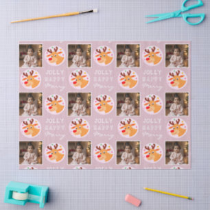 Cute Pink Reindeer Family Photo Christmas  Tissue Paper