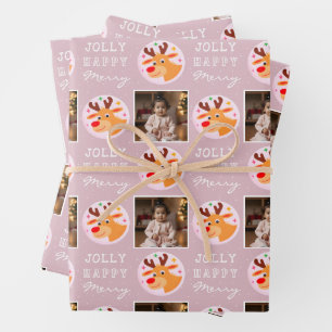 Cute Pink Reindeer Family Photo Christmas  Wrapping Paper Sheet