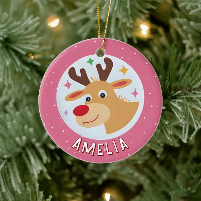 Cute Pink Reindeer Kid`s Name Christmas Ceramic Tree Decoration (Tree)