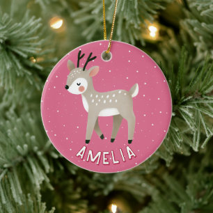 Cute Pink Reindeer Kid`s Name Christmas Ceramic Tree Decoration