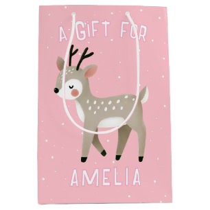 Cute Pink Reindeer Kid`s Name Christmas  Medium Gift Bag