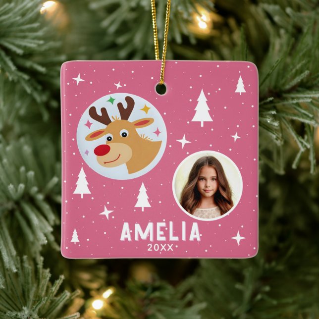 Cute Pink Reindeer Kid`s Name Photo Christmas Ceramic Ornament (Tree)