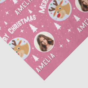 Cute Pink Reindeer Kid`s Name Photo Christmas Tissue Paper
