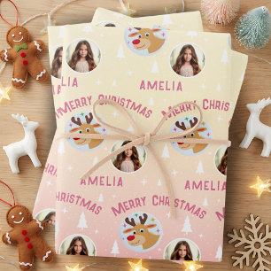 Cute Pink Reindeer Kid`s Name Photo Christmas Wrapping Paper Sheet