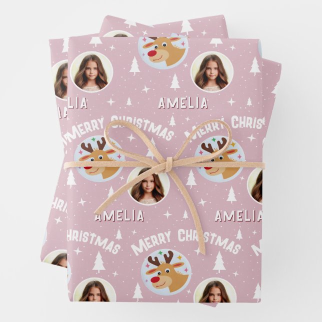 Cute Pink Reindeer Kid`s Name Photo Christmas Wrapping Paper Sheet (In situ)