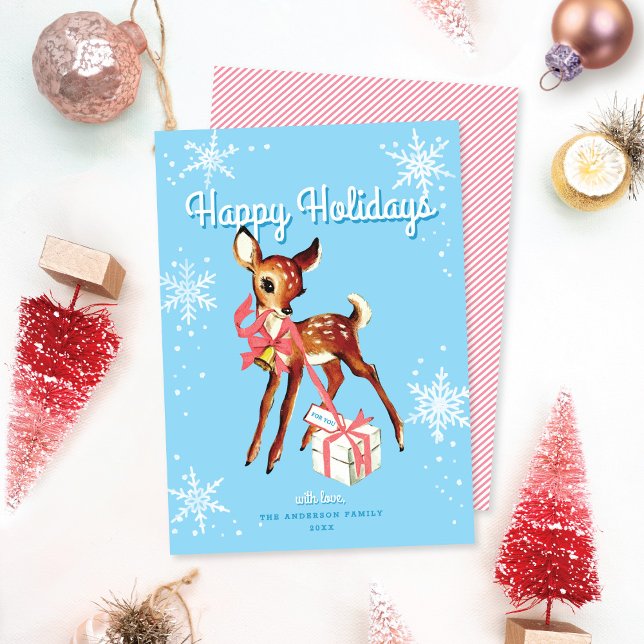 Cute Pink Retro Baby Deer Non-Photo Christmas Card (Creator Uploaded)