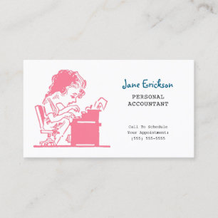 Cute Pink Retro Caricature Woman Accountant Business Card