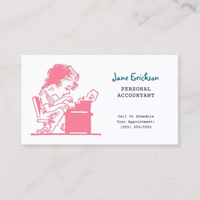 Cute Pink Retro Caricature Woman Accountant Business Card (Front)