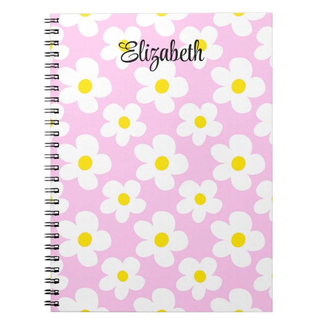 Cute pink retro daisies girly journalling notebook (Front)