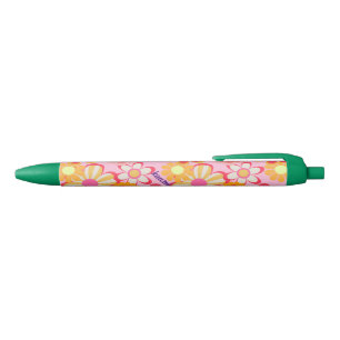 Cute Pink Retro Floral Design Black Ink Pen