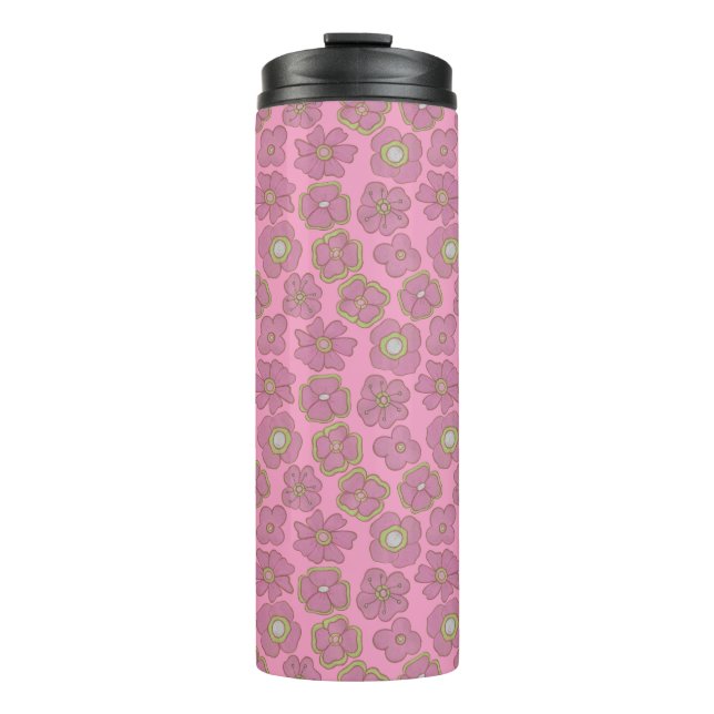 Cute Pink Retro Flowers Pattern Thermal Tumbler (Front)